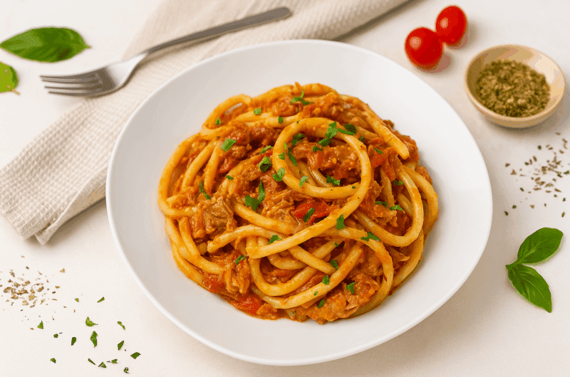 Macaroane cu ton și sos de roșii