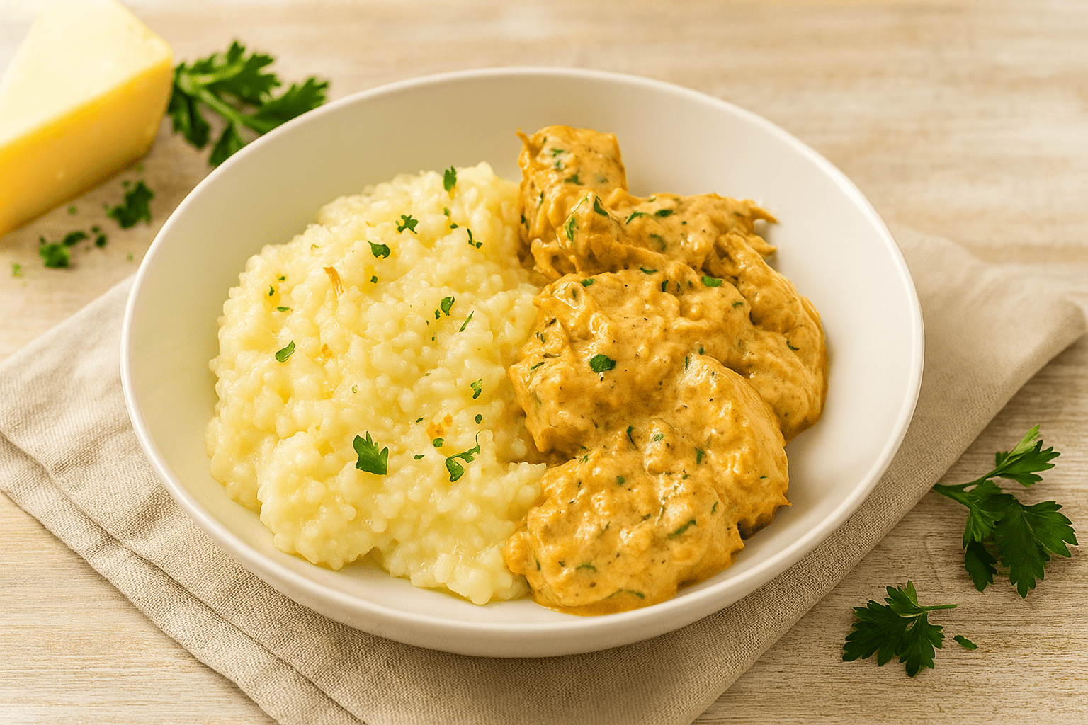 Pui cremos cu orez și cașcaval