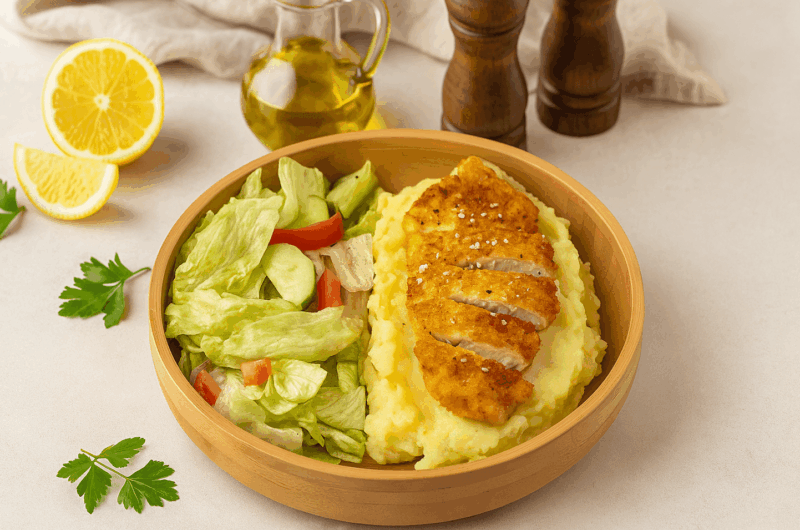 Snițel din piept de pui cu piure și salată verde
