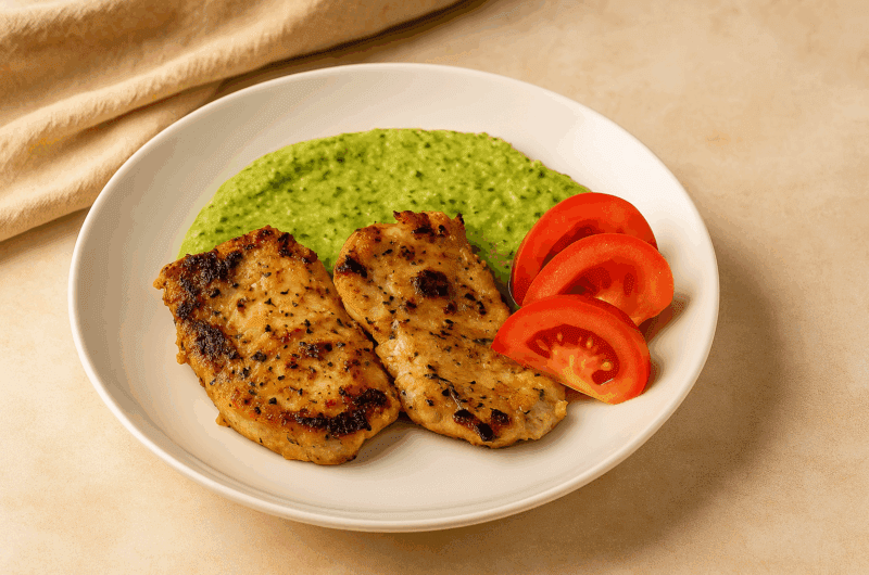 Cotlet de porc cu piure de broccoli